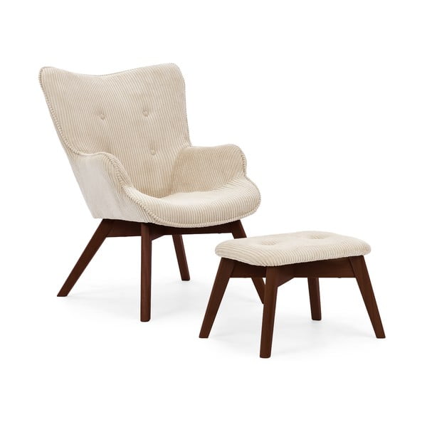 Poltrona con poggiapiedi beige con rivestimento in velluto a coste Niko – Ropez