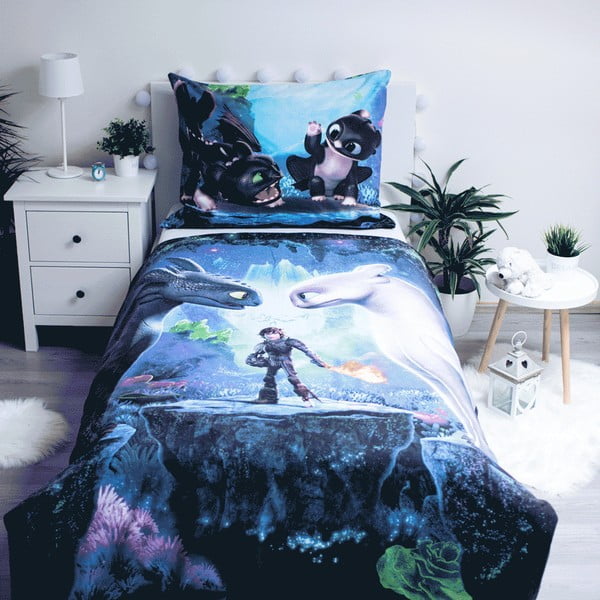 Biancheria da letto per bambini in cotone blu per letto singolo 140x200 cm How To Train Your Dragon - Jerry Fabrics-image-1