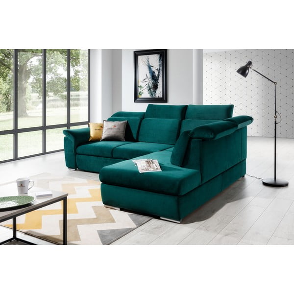 Divano angolare verde allungabile/con contenitore (con penisola a destra/a L) e rivestimento in velluto Loreto – ELTAP-image-4