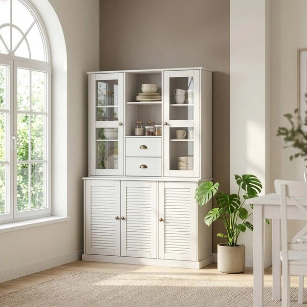 Credenza bianca in pino massiccio 127x180x38 cm Edith – Støraa-image-1