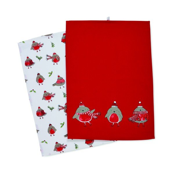 Set di 2 asciugamani in cotone con motivo natalizio 50x70 cm Christmas Robins - Catherine Lansfield