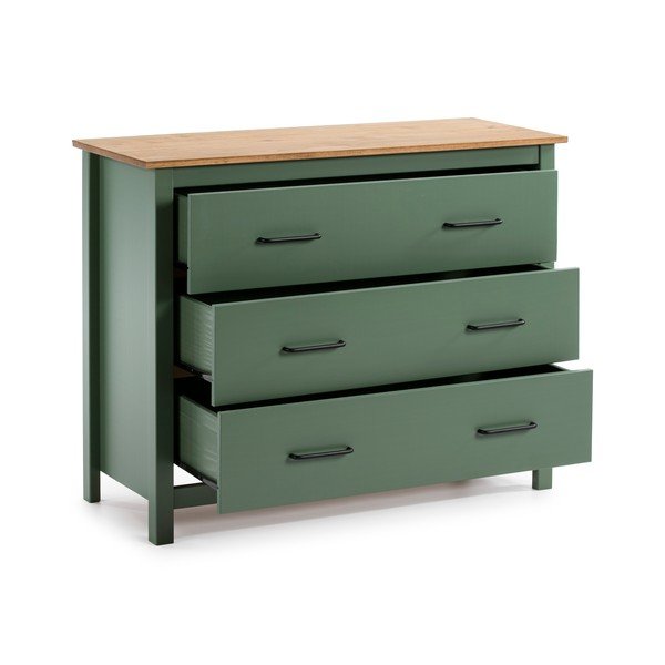 Cassettiera bassa in legno di pino di colore verde-naturale 100x80 cm Miranda - Marckeric-image-3