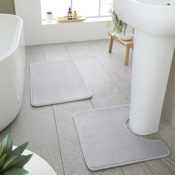 Set di tappetini per il bagno grigio chiaro in memory foam 2 pz per WC 50x80 cm Anti-Bacterial – Catherine Lansfield-image-1