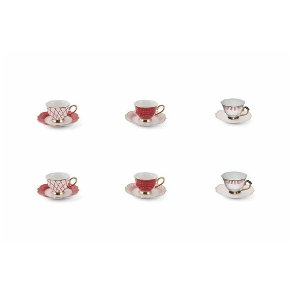 Sada 6 porcelánových hrnků s podšálkem Villa d'Este Wonderland Red Set, 90 ml