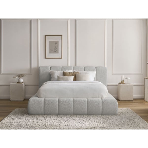 Letto matrimoniale imbottito in grigio chiaro con contenitore con rete inclusa 180x200 cm Denali – Bobochic Paris-image-1
