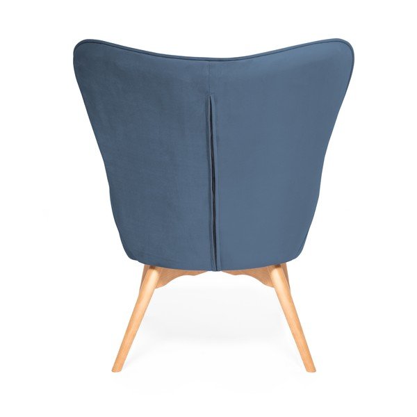Poltrona e poggiapiedi blu con base in colore naturale Cora Velvet - Vivonita-image-3