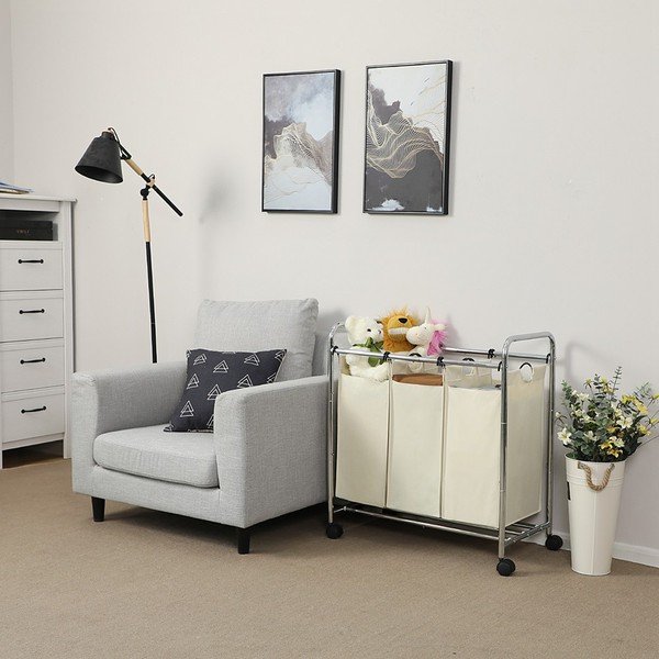 Cesto bianco con ruote e 3 segmenti per il bucato - Songmics-image-1