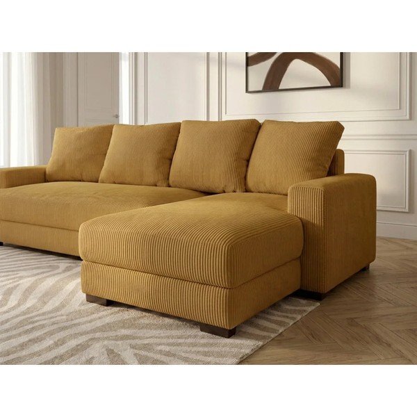 Divano angolare giallo allungabile/con contenitore (con penisola a destra/con chaise lounge) con rivestimento in velluto a coste Campi – Bobochic Paris-image-4
