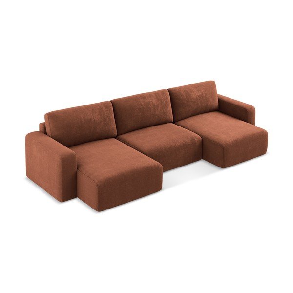 Divano angolare color terracotta allungabile/con contenitore (a U) con rivestimento in ciniglia Kona – Makamii-image-3