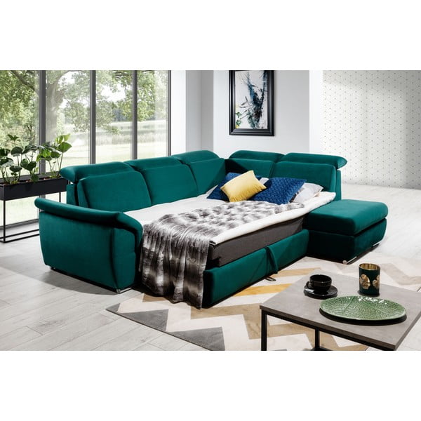 Divano angolare verde allungabile/con contenitore (con penisola a destra/a L) e rivestimento in velluto Loreto – ELTAP-image-3