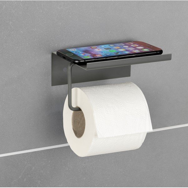 Porta carta igienica autoportante in metallo antracite con ripiano Desulo - Wenko-image-1
