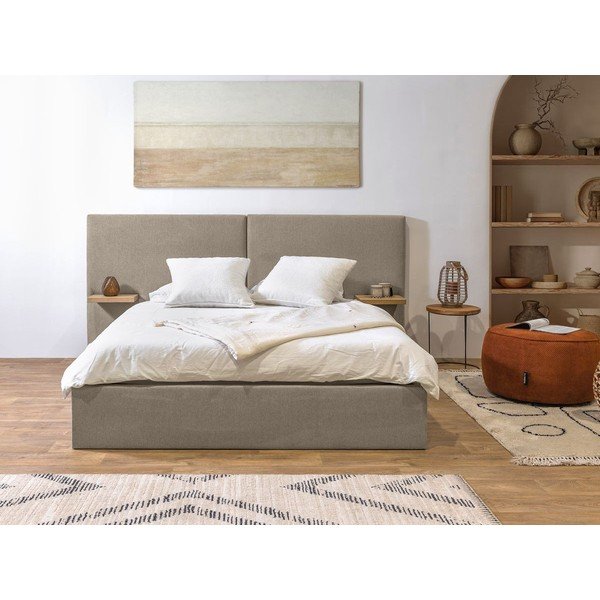 Letto matrimoniale imbottito beige con contenitore con griglia 160x200 cm Blandine - Bobochic Paris-image-1