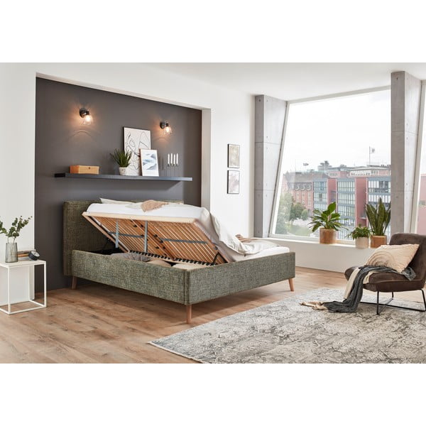 Letto matrimoniale imbottito verde scuro con contenitore con rete inclusa 160x200 cm Riva – Meise Möbel-image-3