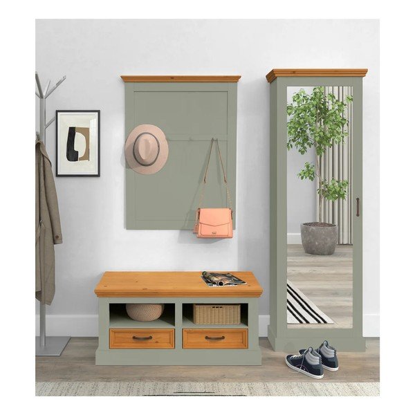 Scarpiera con specchio verde/colore naturale chiaro in pino massiccio 60x180x25 cm Selma – Støraa-image-1