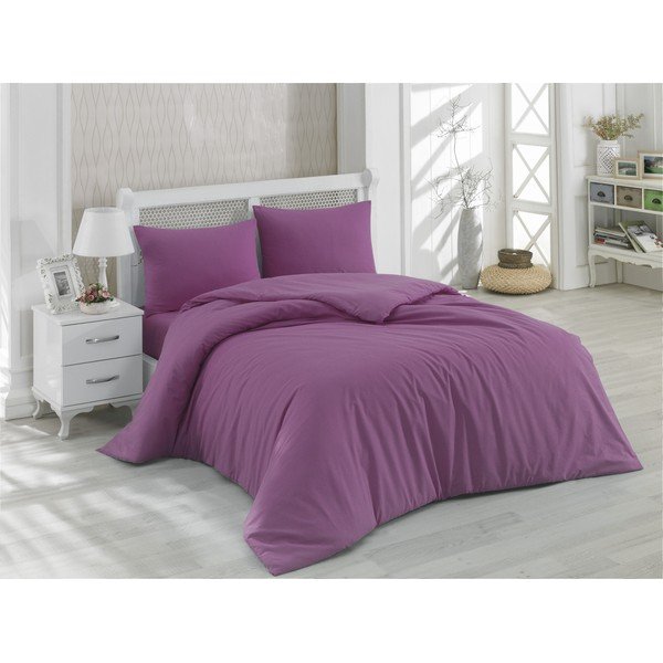 Set matrimoniale viola in cotone con lenzuolo copriletto e federe 200x220 cm - Mijolnir-image-1