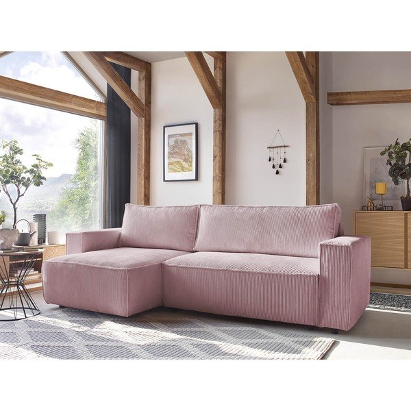 Divano letto in velluto a coste rosa chiaro divano ad angolo variabile Nihad - Bobochic Paris-image-1