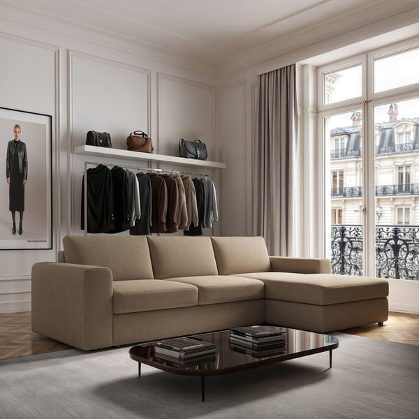 Divano angolare marrone chiaro (con penisola a destra e chaise lounge) rivestito in velluto Baga – Rodier-image-1