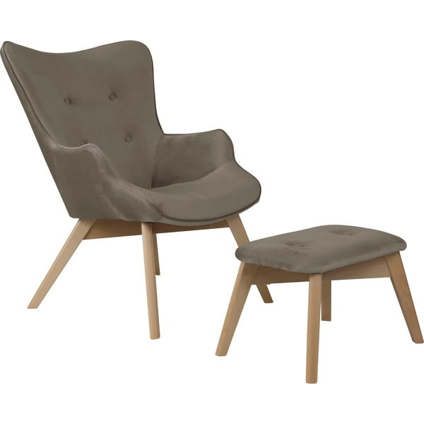 Poltrona con poggiapiedi marrone chiaro con rivestimento in velluto Niko – Ropez