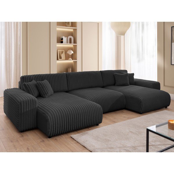 Divano angolare grigio scuro allungabile/con contenitore (a U) rivestito in velluto a coste Sarina – Ropez-image-4