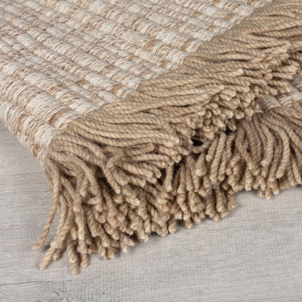 Tappeto beige in misto lana tessuto a mano 120x170 cm Rene Fringed Ribbed – Flair Rugs-image-2