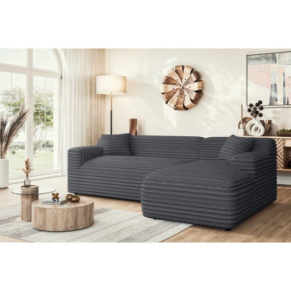 Divano angolare grigio scuro (con penisola a destra e chaise lounge) rivestito in velluto a coste Martin – Ropez-image-1