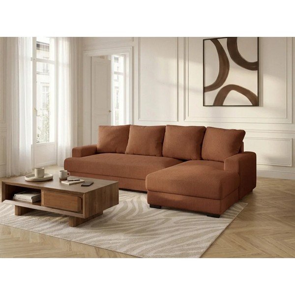Divano angolare arancione allungabile/con contenitore (con penisola a destra/con chaise lounge) con rivestimento in velluto a coste Campi – Bobochic Paris-image-1