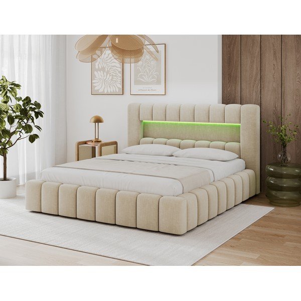 Letto matrimoniale imbottito beige con contenitore con rete inclusa 140x200 cm Lamica – ELTAP-image-1