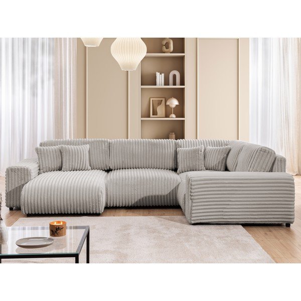 Divano angolare grigio chiaro (con penisola a destra/a U) rivestito in velluto a coste Justin – Ropez-image-1