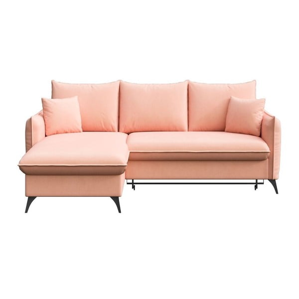 Divano angolare rosa allungabile e con contenitore (con penisola a sinistra e chaise lounge) rivestito in velluto Brim – Rodier