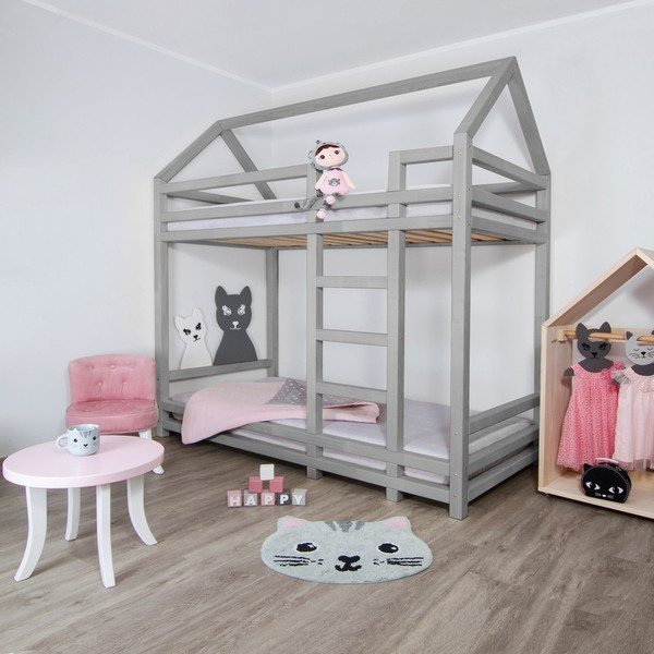 Letto a castello in abete grigio con scala a destra Twiny, 90 x 200 cm - Benlemi