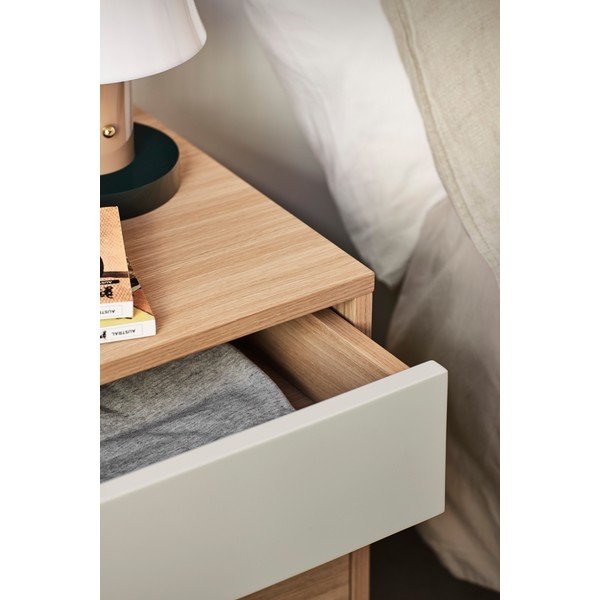 Comodino bianco crema con impiallacciatura in rovere Yoko - Teulat-image-1