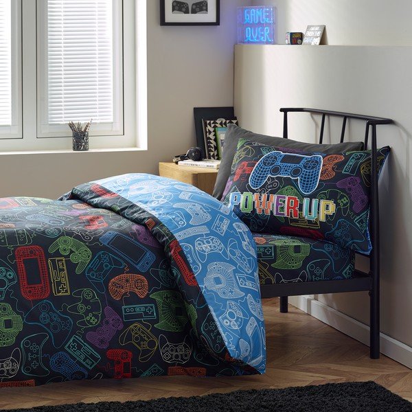 Set copripiumino e federa da bambini nero per letto singolo 135x200 cm Power Up Gamer – Catherine Lansfield-image-1