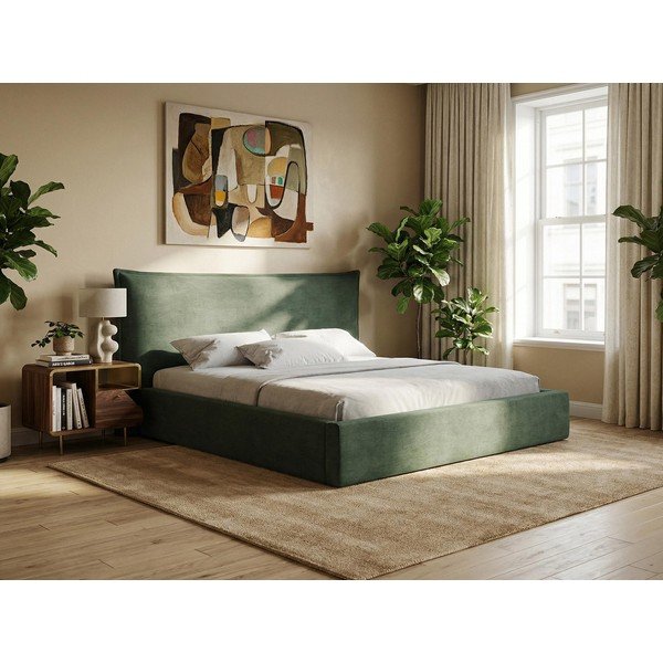 Letto matrimoniale imbottito blu con contenitore con rete inclusa 140x200 cm Esala – Makamii-image-1