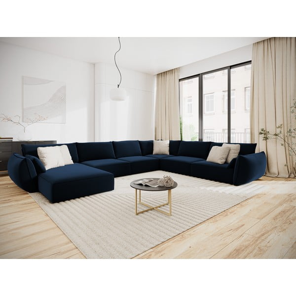 Divano angolare blu scuro (con penisola a destra/a U) con rivestimento in velluto Vanda – Mazzini Sofas-image-1