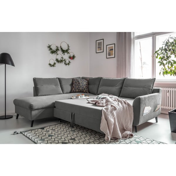 Divano letto angolare in velluto grigio chiaro L, angolo sinistro Stylish Stan - Miuform-image-4