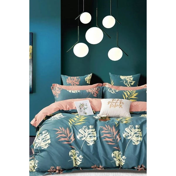 Biancheria da letto estesa per un letto matrimoniale con lenzuolo color petrolio 200x220 cm Leaf - Mila Home