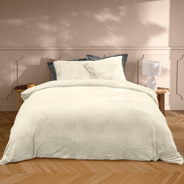 Set copripiumino e federa color crema in microflanella per letto matrimoniale/per letto esteso 3 pezzi 240x220 cm Flanou – douceur d'intérieur-image-1