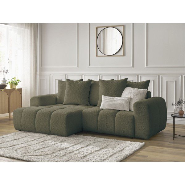 Divano angolare color kaki allungabile/con contenitore (con penisola a sinistra/con chaise lounge) con rivestimento in bouclé Roxelane – Bobochic Paris-image-4