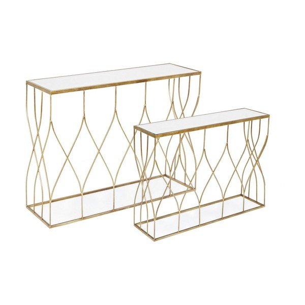 Set di tavoli consolle dorati con piano in vetro 2 pz 33x104 cm Elenor – Bizzotto-image-2