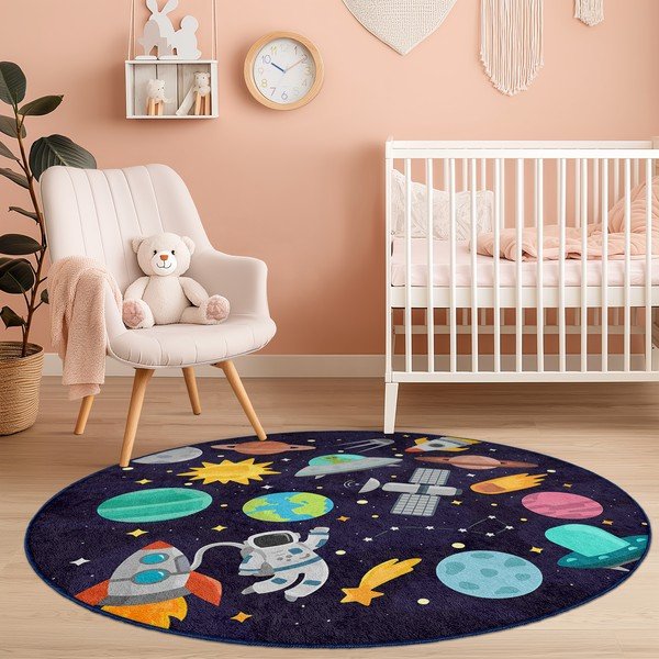 Tappeto da gioco per bambini blu scuro lavabile ø150 cm Into The Space – Mila Home-image-3
