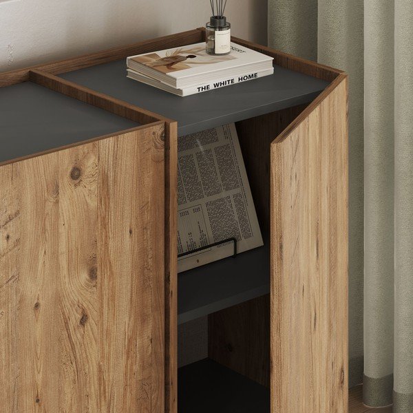Credenza di colore naturale con effetto pino con apertura per cavi 180x80x45 cm Dorma – Kalune Design-image-4