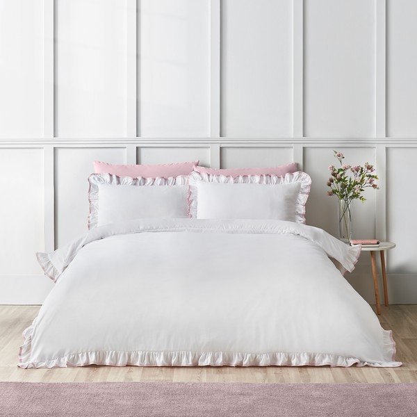 Set copripiumino e federa bianco/rosa per letto matrimoniale 200x200 cm So Soft Mono Frill – Catherine Lansfield-image-1