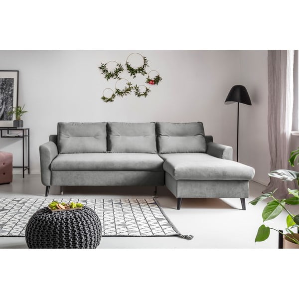 Divano letto angolare in velluto grigio chiaro, angolo destro Stylish Stan - Miuform-image-1