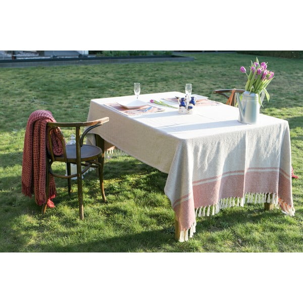 Tovaglia di cotone beige e rosa, 250 x 150 cm - Tiseco Home Studio-image-1