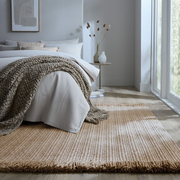Tappeto beige in misto lana tessuto a mano 120x170 cm Rene Fringed Ribbed – Flair Rugs-image-1