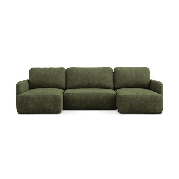 Divano angolare verde allungabile/con contenitore (a U) con rivestimento in ciniglia Lilo – Makamii