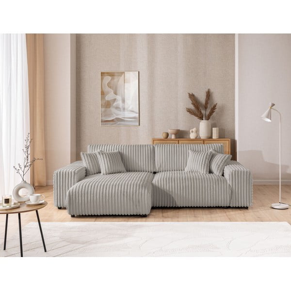 Divano angolare con penisola a sinistra grigio chiaro e rivestimento in velluto a coste allungabile e con contenitore Sarina – Ropez-image-1