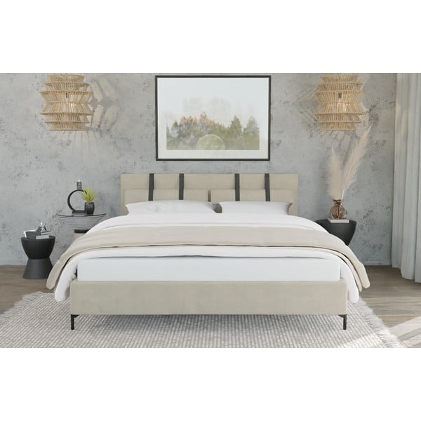 Letto matrimoniale beige imbottito con rete inclusa 200x200 cm Tulsa – Ropez-image-1