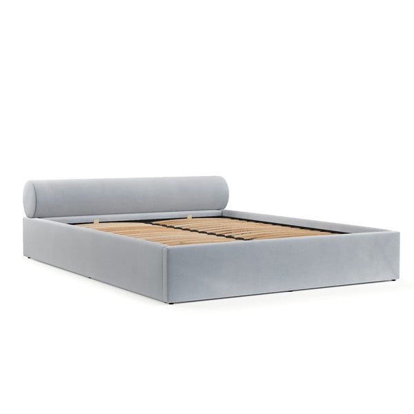 Letto matrimoniale imbottito grigio chiaro con contenitore e rete inclusi 200x200 cm Solvo – Maison de Rêve