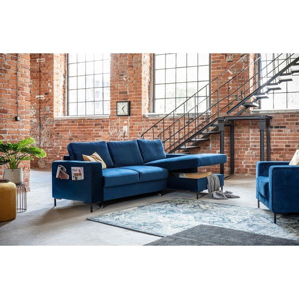 Divano letto angolare in velluto blu navy, angolo destro Lofty Lilly - Miuform-image-4